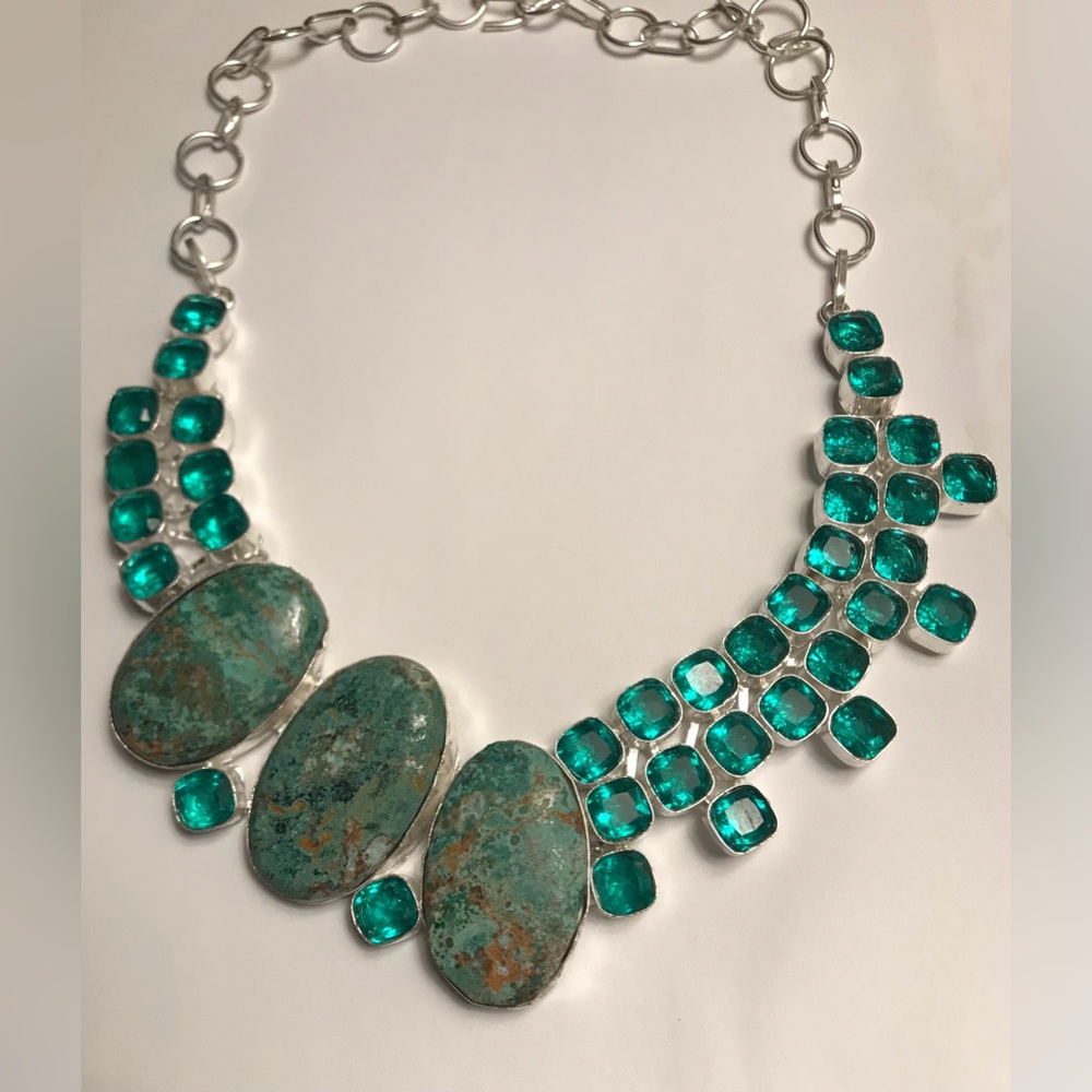 Chrysocolla Aqua Apatite Stamped 925 Sterling Silver Necklace